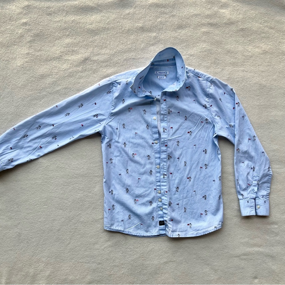 Mayoral Boys Button Up Shirt Size 9 Light Blue Astronaut Flag Design
